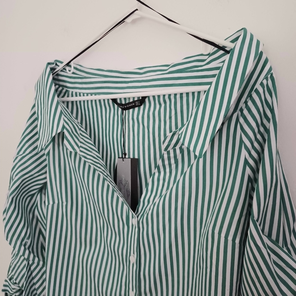 NWT Zara Green Striped Wide Open Neck Over the Shoulder Blouse Shirt puff Sleeve - Picture 12 of 16